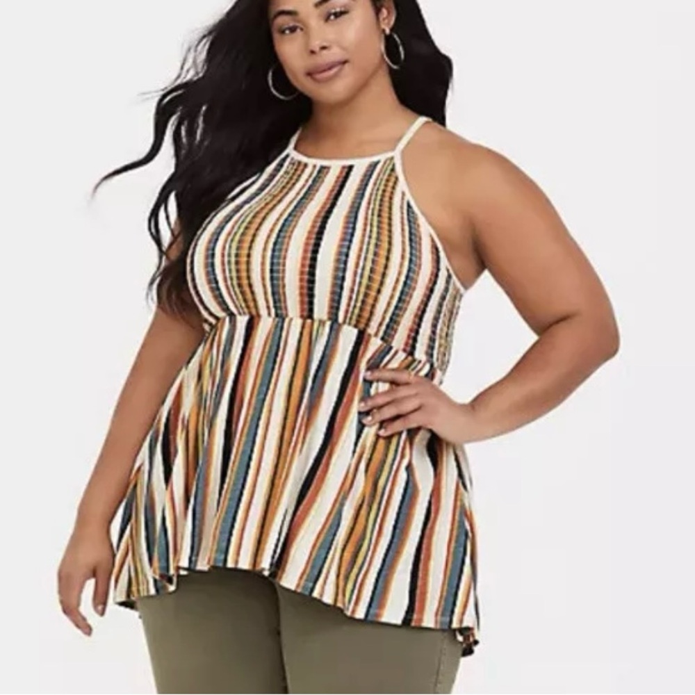 TORRID Super Soft Multi Stripe Hi-lo Hem High Neck Babydoll Top Size 1